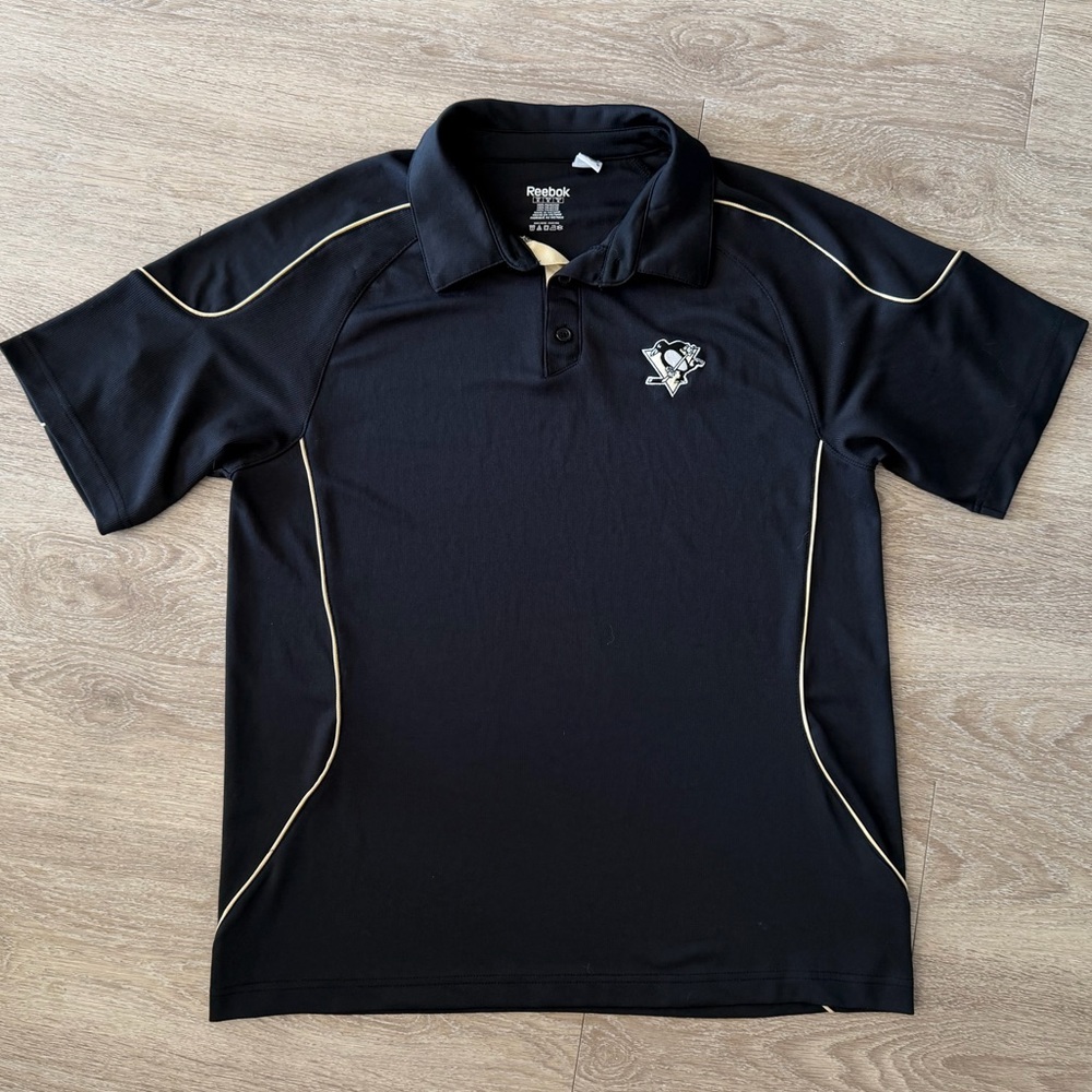 Reebok Pittsburgh Penguins NHL Polo Shirt Black Gold Mens Medium Logo - Picture 2 of 10